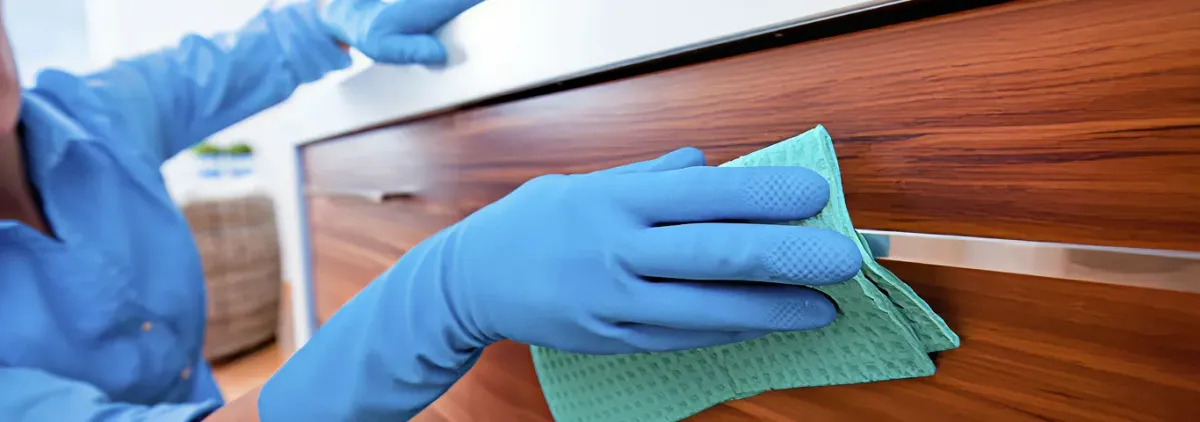 Cleaner wearing blue gloves wiping a wooden cabinet drawer with a microfiber cloth for dust and grime removal, Orlando, FL.